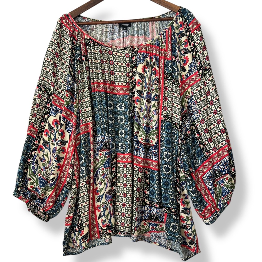Jones & Co Jones New York 3X‎ Blouse Mixed Print Boho Peasant Viscose Patchwork